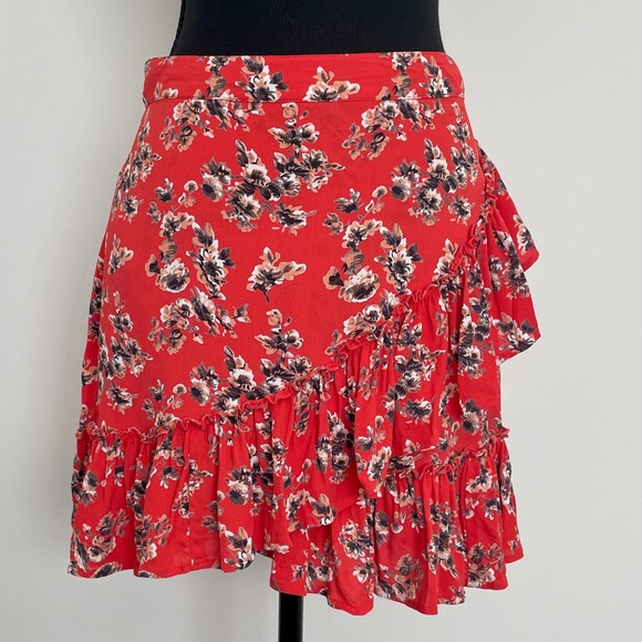 Topshop Mini Skirt with ruffle, coral with floral print, 10, NWOT - Picture 1 of 8